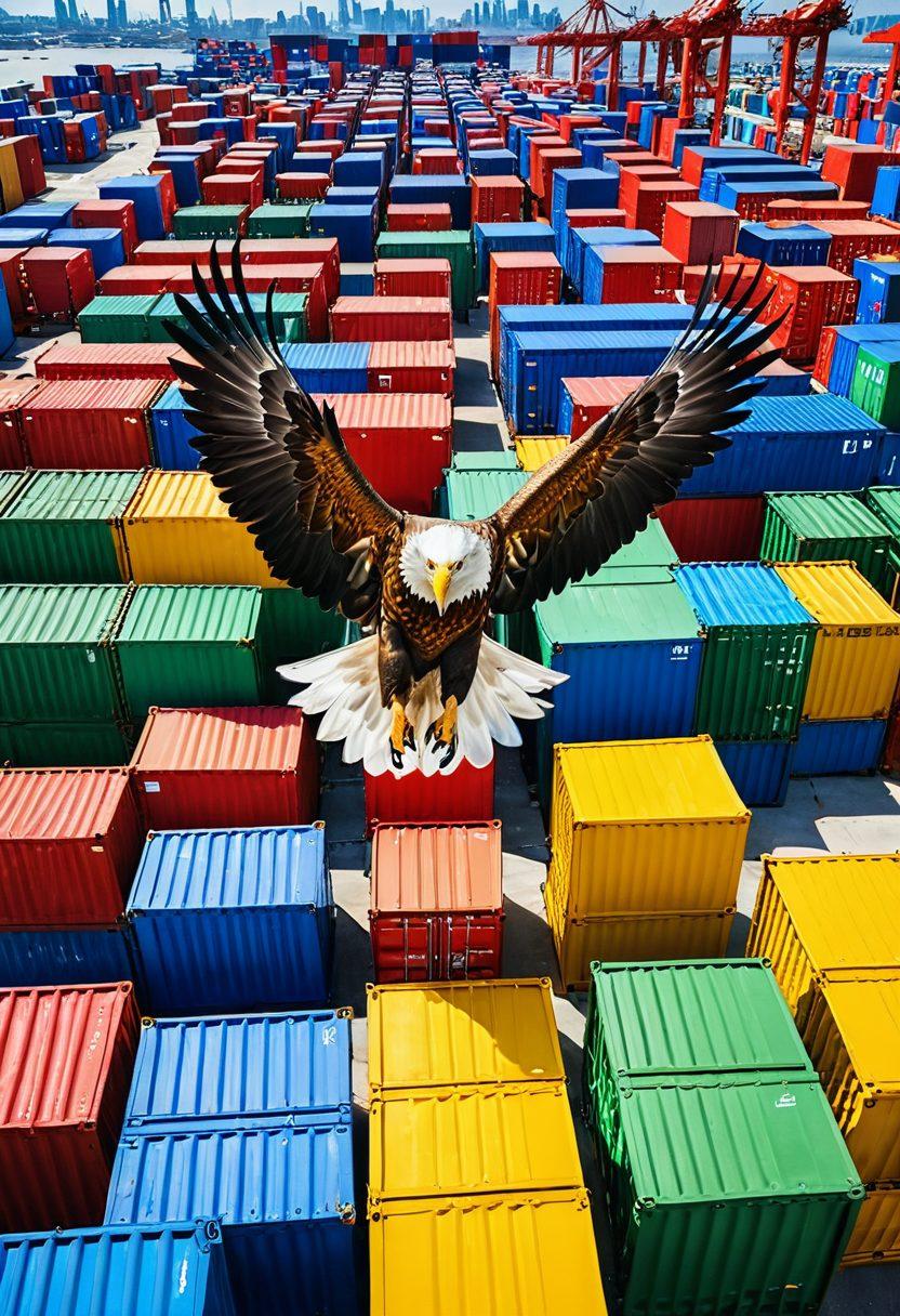 A dynamic scene depicting an eagle soaring above a bustling logistics hub, with cargo containers in various colors stacked neatly and cranes in motion. The eagle symbolizes agility and precise management, while a digital overlay showcases flowcharts and graphs illustrating efficiency. Bright blue sky contrasted with vibrant cargo colors, creating an energetic atmosphere. super-realistic. vibrant colors. white background.