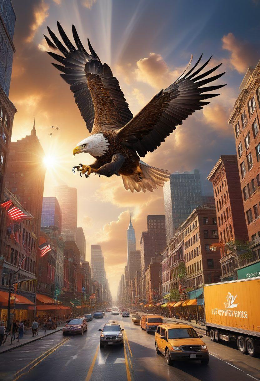 A majestic eagle soaring high above a bustling city skyline, symbolizing efficient delivery and logistics. Below, illustrate intricate pathways and vibrant delivery trucks moving through the city, showing a network of connections. Incorporate elements like clouds and sunlight breaking through, representing hope and innovation in logistics. The color palette should be dynamic and uplifting. super-realistic. vibrant colors. 3D.