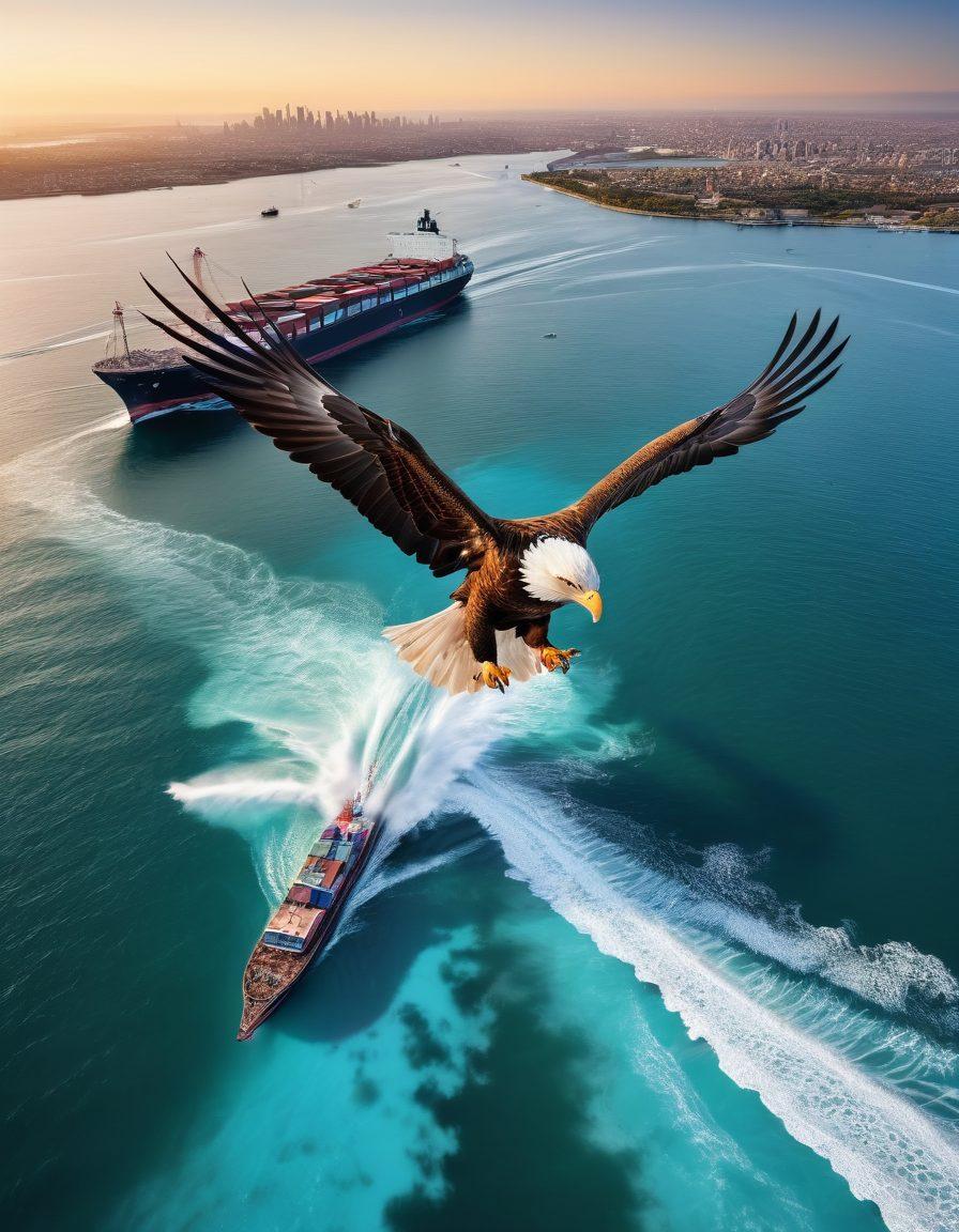 A majestic eagle soaring above a vast ocean, symbolizing global trade and logistics. Below, a diverse fleet of modern cargo ships navigating through vibrant waters, surrounded by world landmarks and trade routes. The scene captures the essence of innovative freight solutions and future possibilities. vivid colors. super-realistic. dynamic perspective.